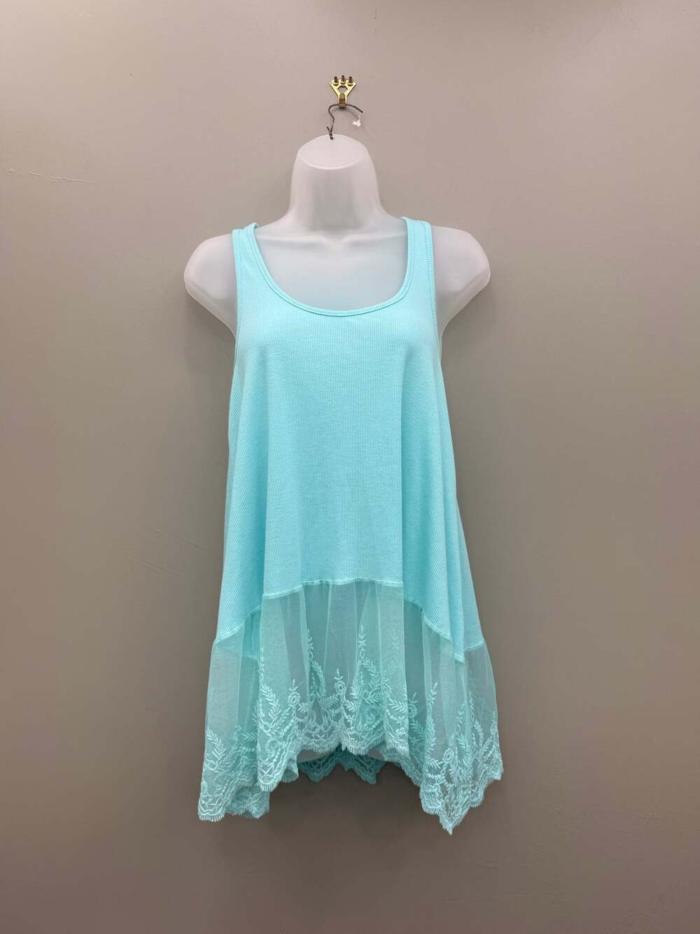 Umgee Aqua Lace Hem Tunic Tank Top Small Boho Cottagecore Racerback